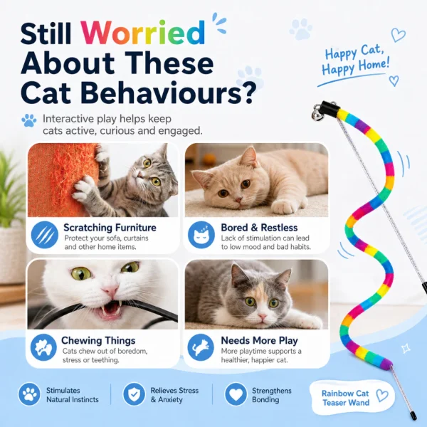 Random Rainbow Striped Cat Teaser Wand Toy with Bell