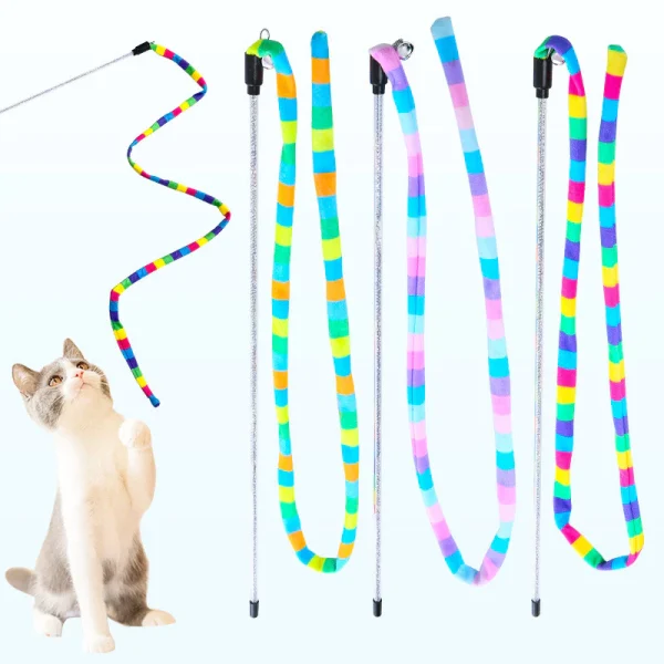 Random Rainbow Striped Cat Teaser Wand Toy with Bell