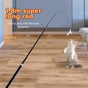 Retractable Fishing Rod Cat Teaser Wand Toy with Replacement Head